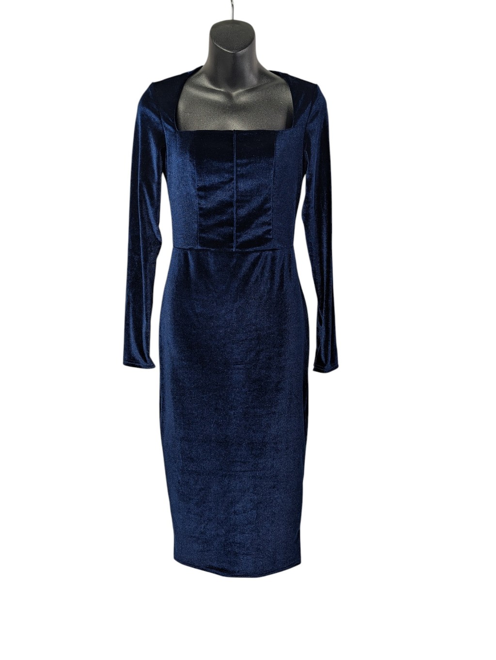 Missord Navy Blue Velvet Square Neck Long Sleeve Bodycon Midi Dress Nwt Size M